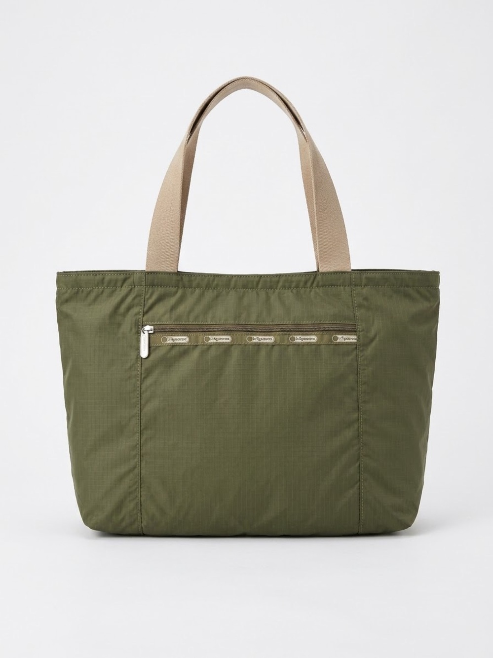 LESPORTSAC Olive Nylon Tote with Beige Handles